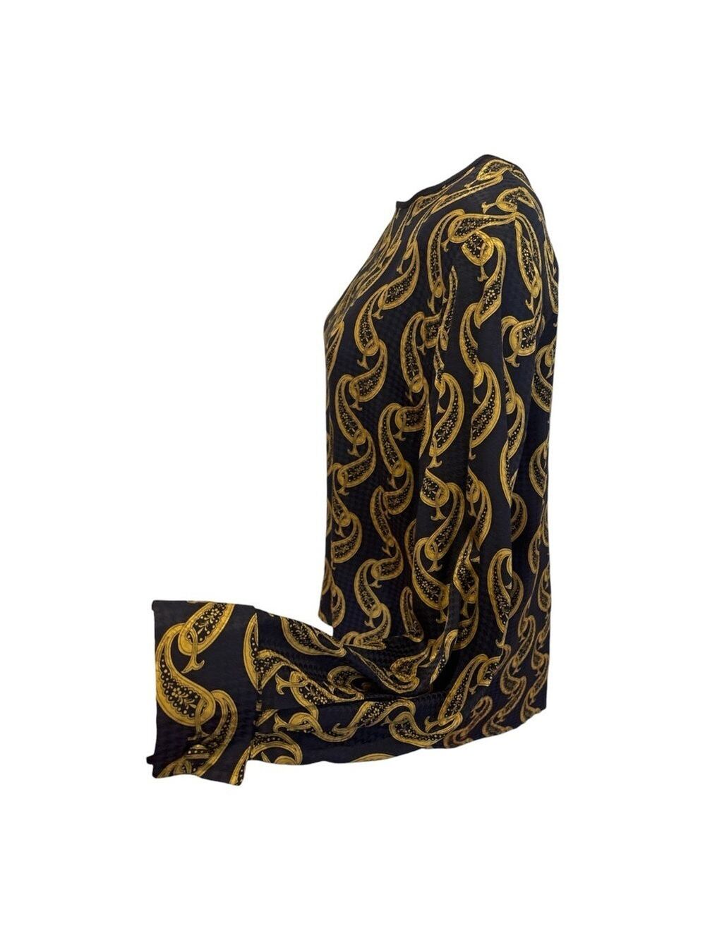 80S VALERIE STEVENS SILK NAVY & GOLD PAISLEY PRINT LONG SLEEVE COLLARLESS BLOUSE - Picture 4 of 6